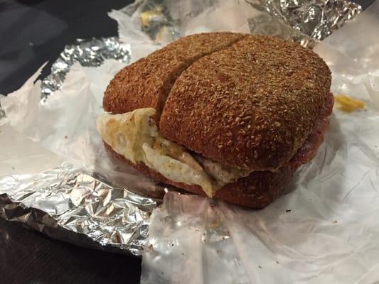 Turkey sausage, egg whites , cheddar and a crispy hash brown on wheat bun.