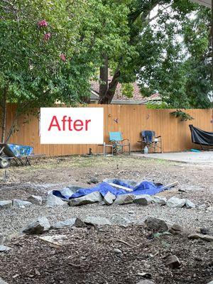 This is what it looks like now that junk guys removed the boulders and hedges. Blue tarp is covering the whole where the pond was.