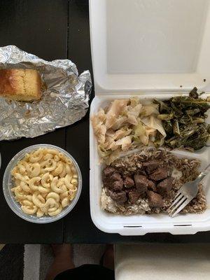 Beef Tips and rice, cabbage, greens and max &cheese