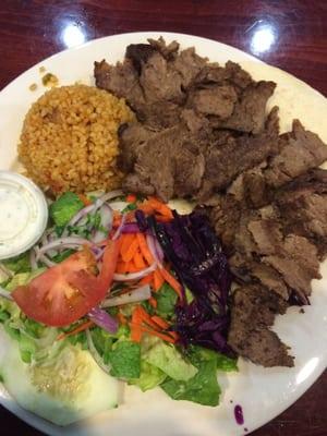 Lamb gyro platter with red rice and salad