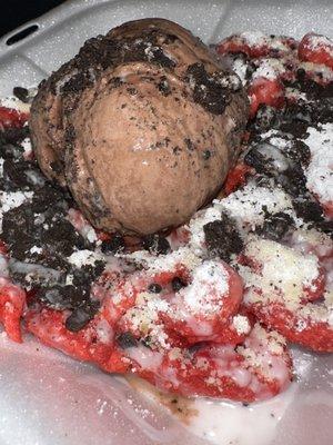 Red Velvet Funnel Cake with chocolate ice cream & oreos