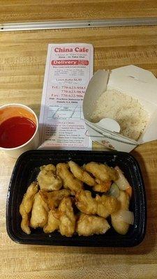 Sweet and sour chicken with white rice.  Sauce on the side.