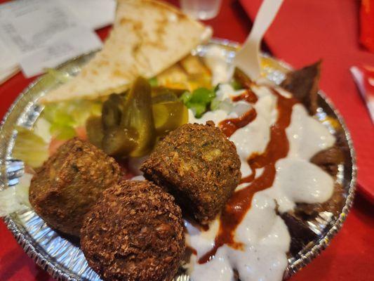 Small platter with gyro beef and falafel