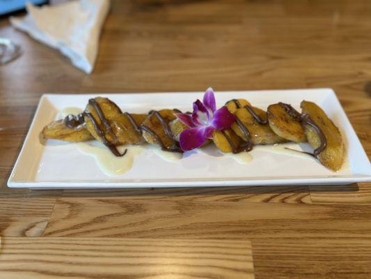 Fried sweet plantain dessert with condensed milk and Nutella