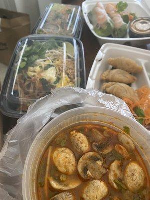 Tom Yum Chicken, Steamed Dumplings, Vietnamese Summer Rolls, Pad Thai, and Chicken Puffs