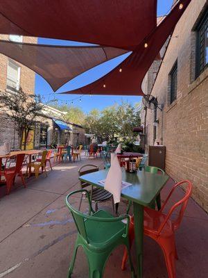 Eating area outside on the side of building