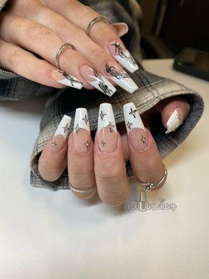 Aprés Gel X with hand painted French tips and hand painted nail art and Swarovski crystals.