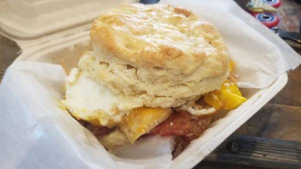 Bacon, egg, and cheese on a biscuit