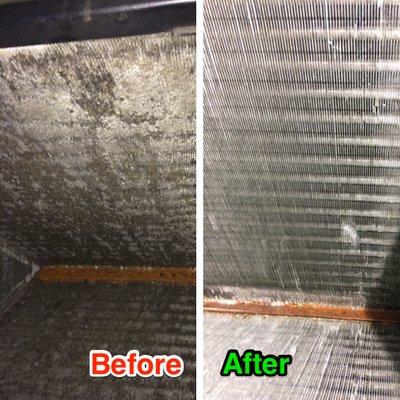 Before and After of Air Conditioning Evaporator Coils. We cleaned them to remove all the mold.