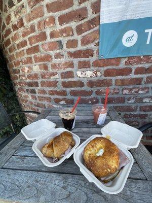 Ham croissant, blended mocha, ham bagel, strawberry mango smoothie