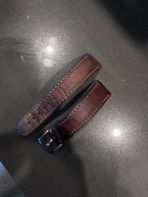 Unrestored & restored leather watch strap with the store owner's product.