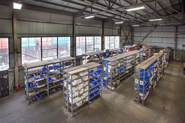 A small area of our expansive parts warehouse.