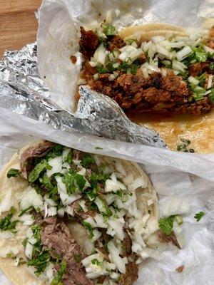 Al Pastor (top) and Birria (bottom) tacos ... $4.5 each  ~ I hope you like onions :/