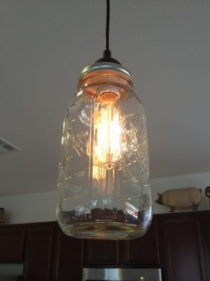 Custom-made mason jar pendant lights I ordered online. Electric FX had no problem installing these (not pre-wired). Clean job!