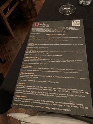 Specialty cocktail menu