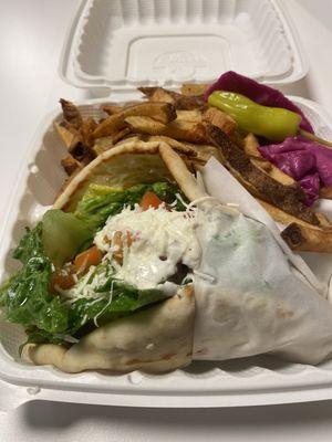 Chicken Gyro and Fries with Pickled Red Cabbage and pepperCheney on the side