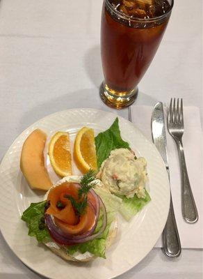 Great lunch today. Lox and Bagel, potato salad, and an Iced Tea. Can't get any better!