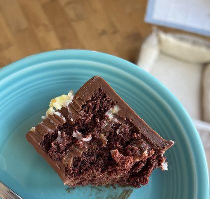 This is not German Chocolate Cake. This is chocolate cake with meager dollop of coconut frosting.