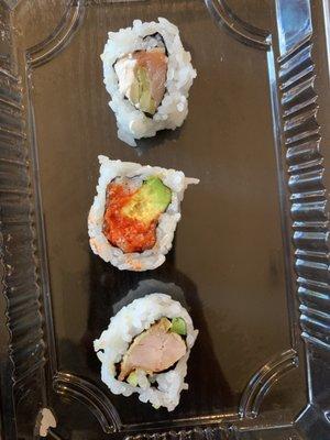 Philadelphia roll, spicy tuna-avocado roll, Tuna-jalapeños