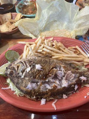 Mojarra frita, with a bit of the meat already gone.