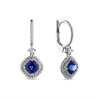 Cushion Sapphire Halo Lever Back Earrings iIn Platinum