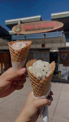 Strawberry Cheesecake + Chocolate Chip in waffle cones