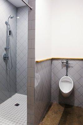 Clean restroom with showers available for clients!