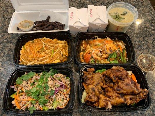 Thai Beef Jerky, Green Curry, Pad Thai, Som Tum with Shrimp (Papaya Salad), Laab Chicken Salad, Crispy Duck with Tamarind Sauce