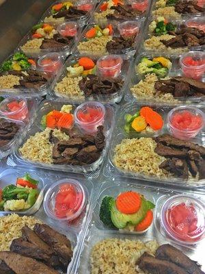 Brown rice, Steak, vegetables and watermelon