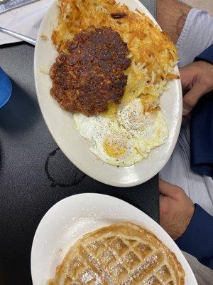 Waffle blimp with spicy sausage