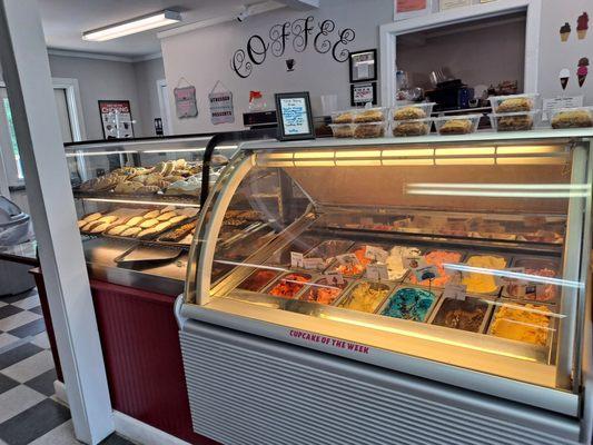 Pastry case and gelato.