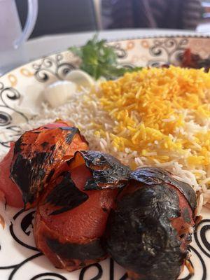 Buttery saffron rice, grilled tomato