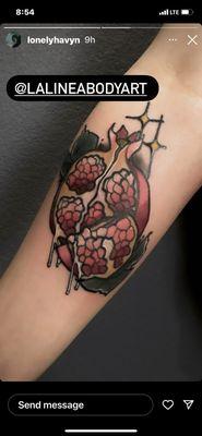 Finished pomegranate tattoo by Havyn (no longer at the studio)