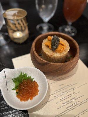 Uni caviar on sushi rice w/ miso & flying fish roe, ikura