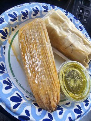 Pork Tamale with red sauce and Rajas con Queso (cheese n poblano pepper)