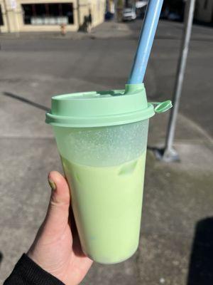 Honey Dew Milk tea with coconut jelly and boba