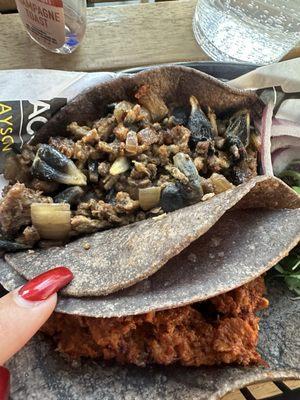 Americano (Blue Corn) Combination of  asada and huitlacoche in a blue corn tortilla. Maybe I'll skip the huitlacoche.