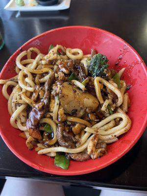 Chicken, steak, with garlic soy and udon