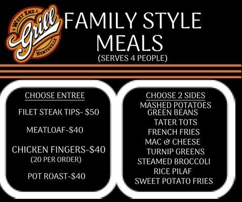 We are offering family style meals for carry out or curbside delivery during social distancing.