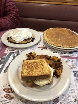 Choc chip waffle, chic chip pancake, French toast sandwich.