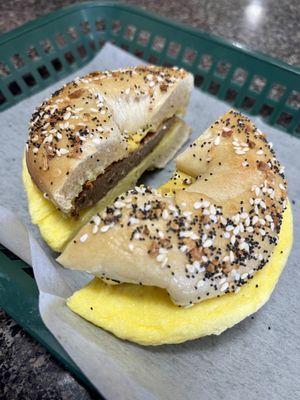 Turkey Sausage, Egg and Cheese Omelet Everything Bagel