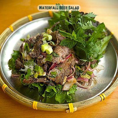 Waterfall Beef Salad - Nam Tok is either a soup or a meat salad from Southeast Asia. In the Lao and Thai language, the phrase means waterfal