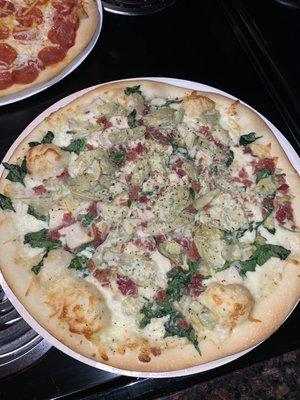 Large Chicken bacon artichoke pizza on regular crust