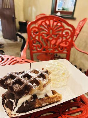 Chocolate waffle with vanilla icecream