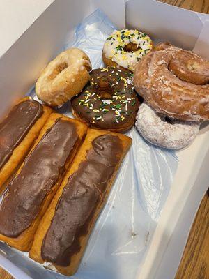 Long Johns, old fashion, raised chocolate, cake donuts, and fried cinnamon roll.