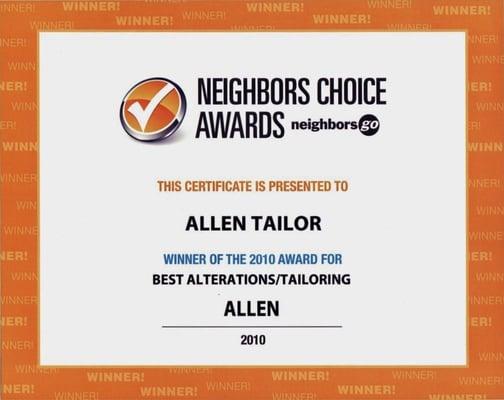 Neighbors Choice Award for best Alterations/Tailoring service!