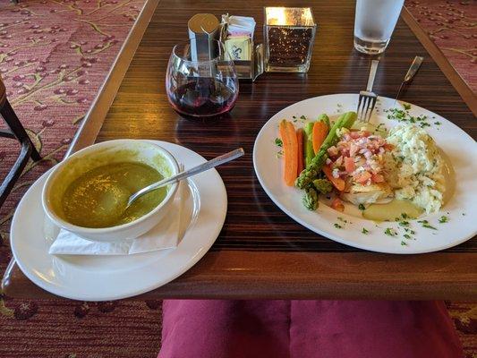 Asparagus sorrel soup and corn crusted cod.