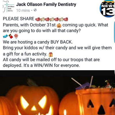 Parents check this out. "Candy buy back".  They will buy your kids candy and send it to our deployed troops.