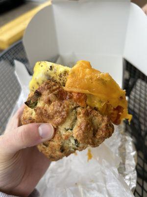 Egg and cheese breakfast sandwich on a chive and cheddar biscuit!!