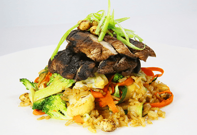 Grilled Portabella Stir Fry Sliced grilled season portabella mushrooms, tossed with carrots, zucchini, broccoli and cauliflower.